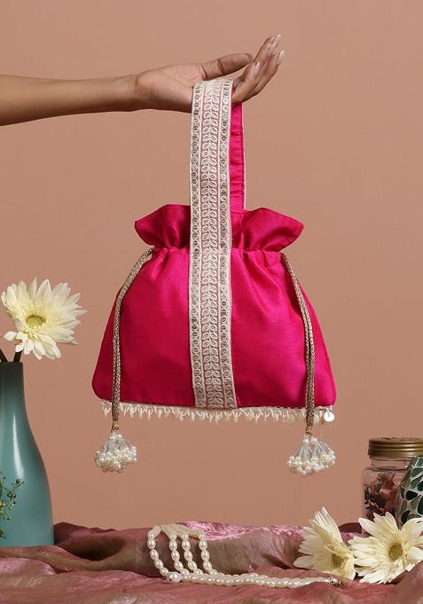 Magenta And White Silk Potli Bag