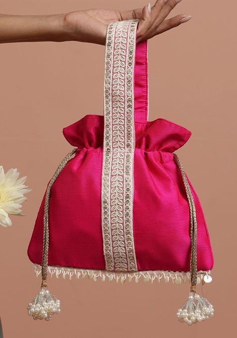Magenta And White Silk Potli Bag