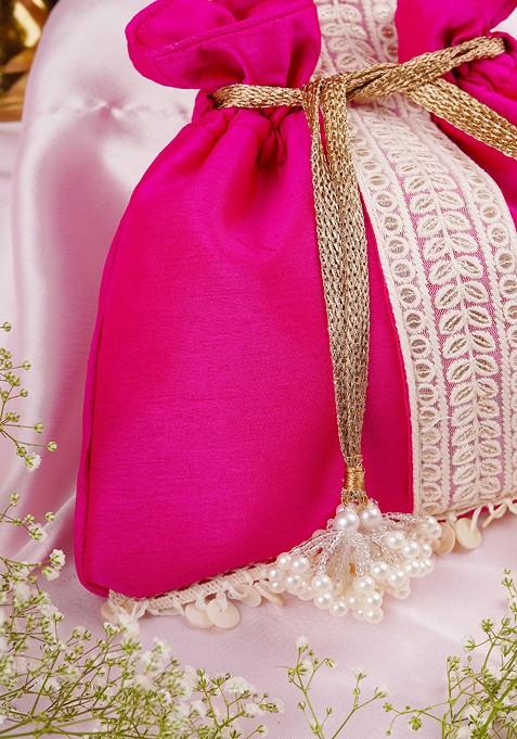 Magenta And White Silk Potli Bag