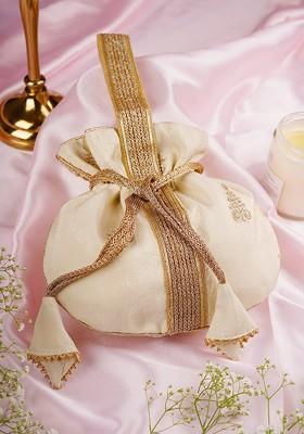 Cream And Golden Buti Silk Potli Bag