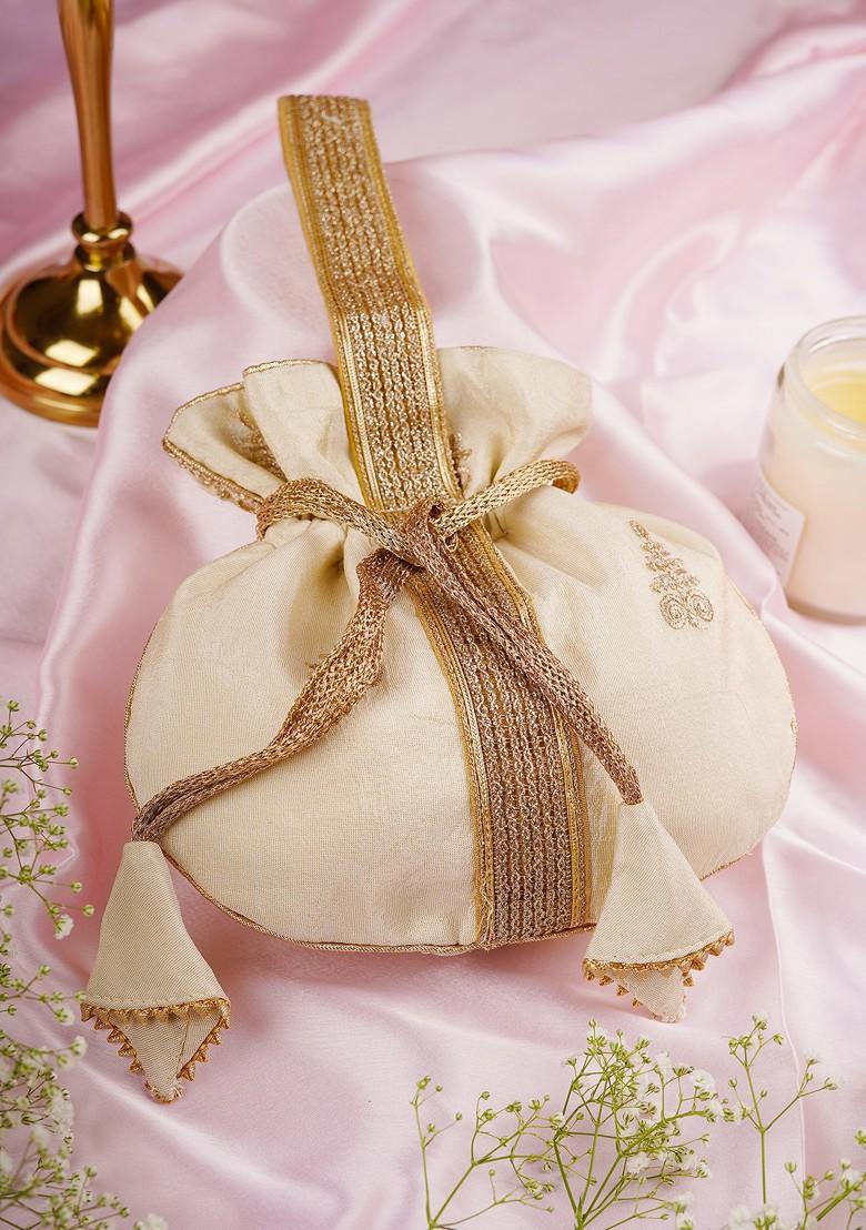 Cream And Golden Buti Silk Potli Bag