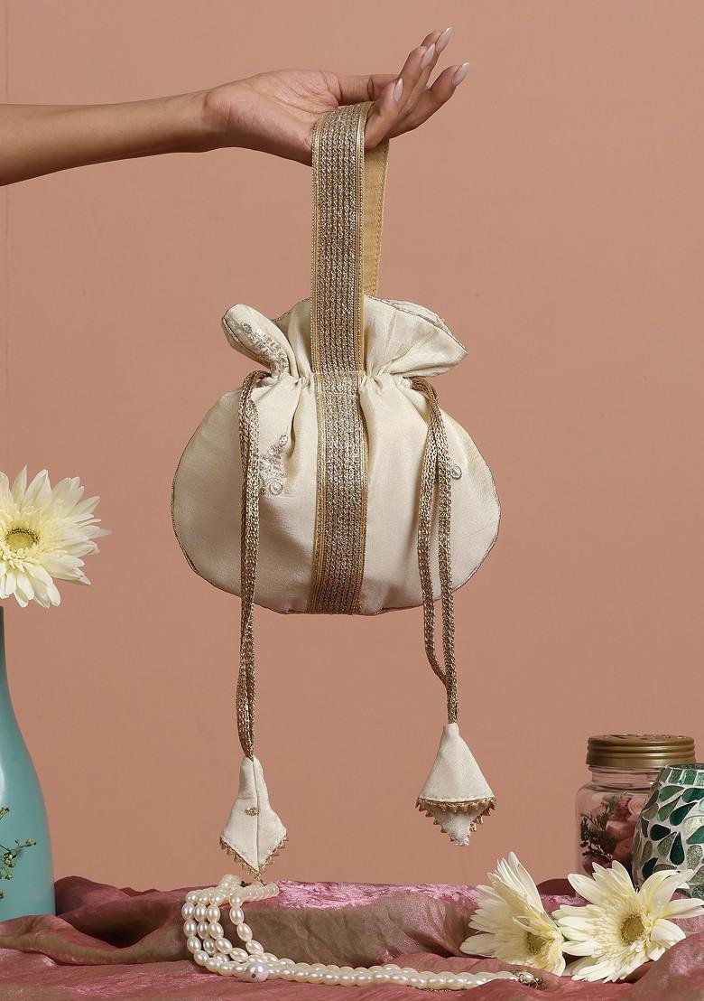 Cream And Golden Buti Silk Potli Bag