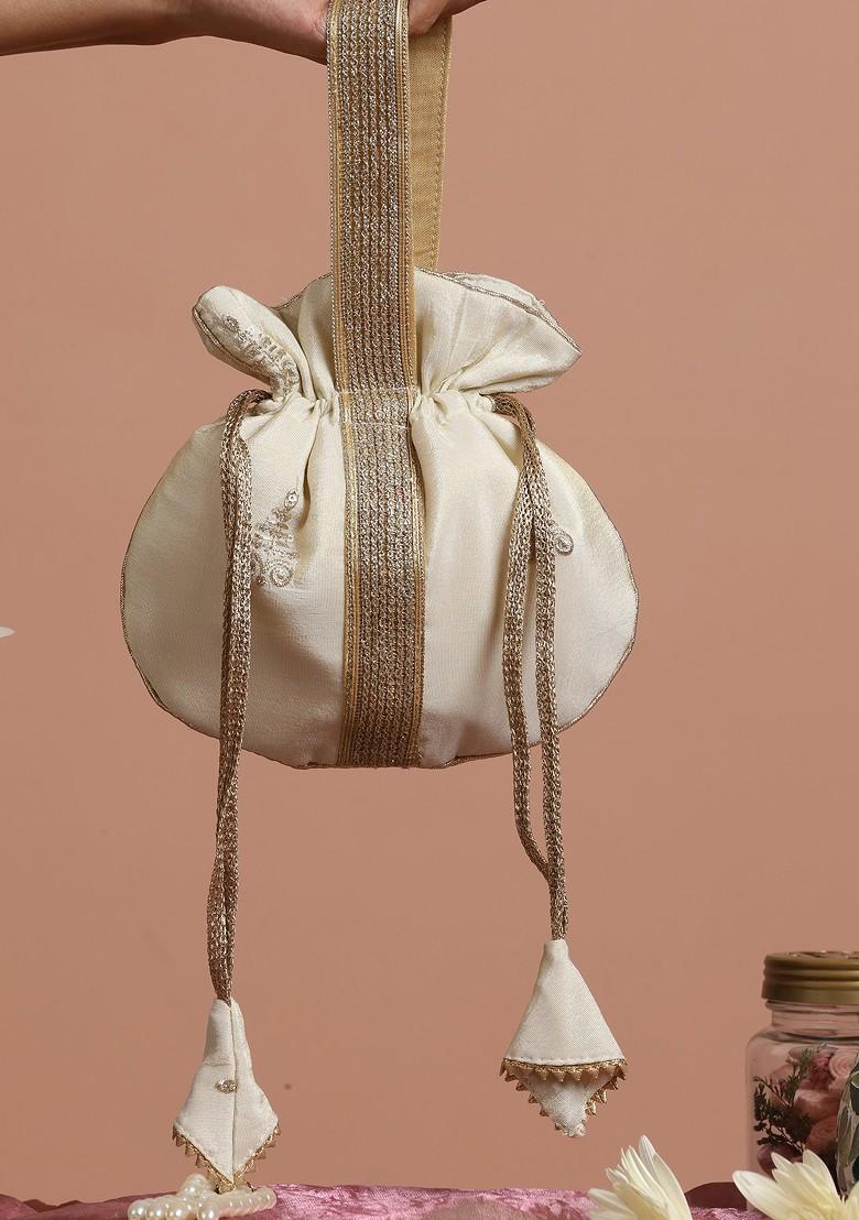 Cream And Golden Buti Silk Potli Bag