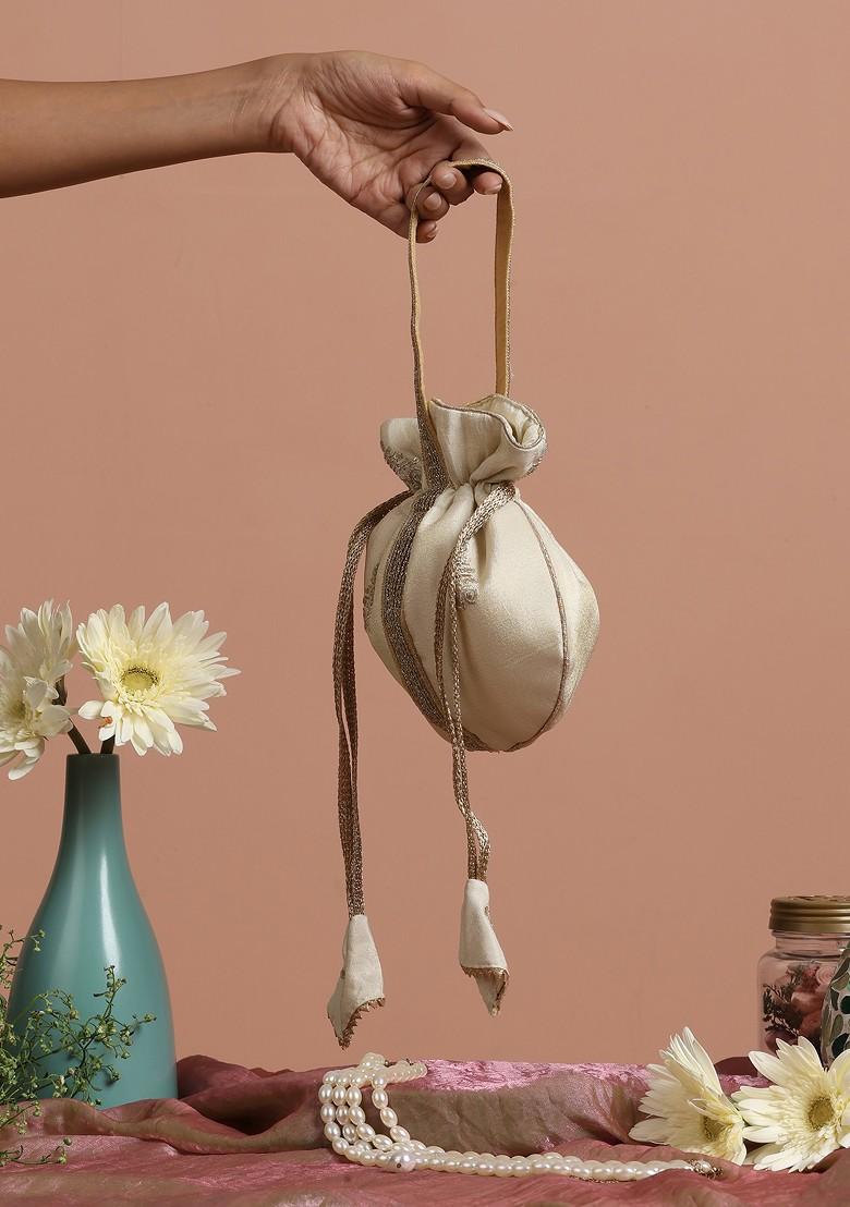 Cream And Golden Buti Silk Potli Bag