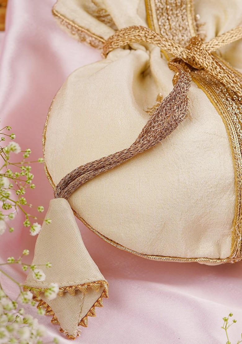 Cream And Golden Buti Silk Potli Bag