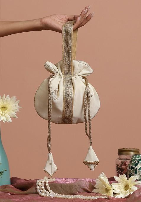 Cream And Golden Buti Silk Potli Bag