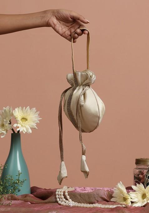 Cream And Golden Buti Silk Potli Bag