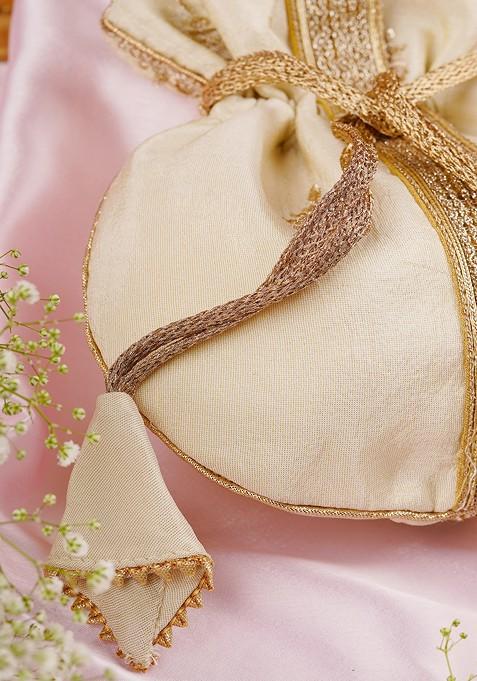Cream And Golden Buti Silk Potli Bag