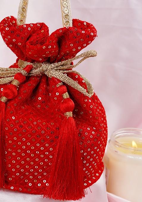Red Georgette Sequin Embellished Potli Bag