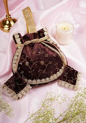 Brown Velvet Embroidered Potli Bag