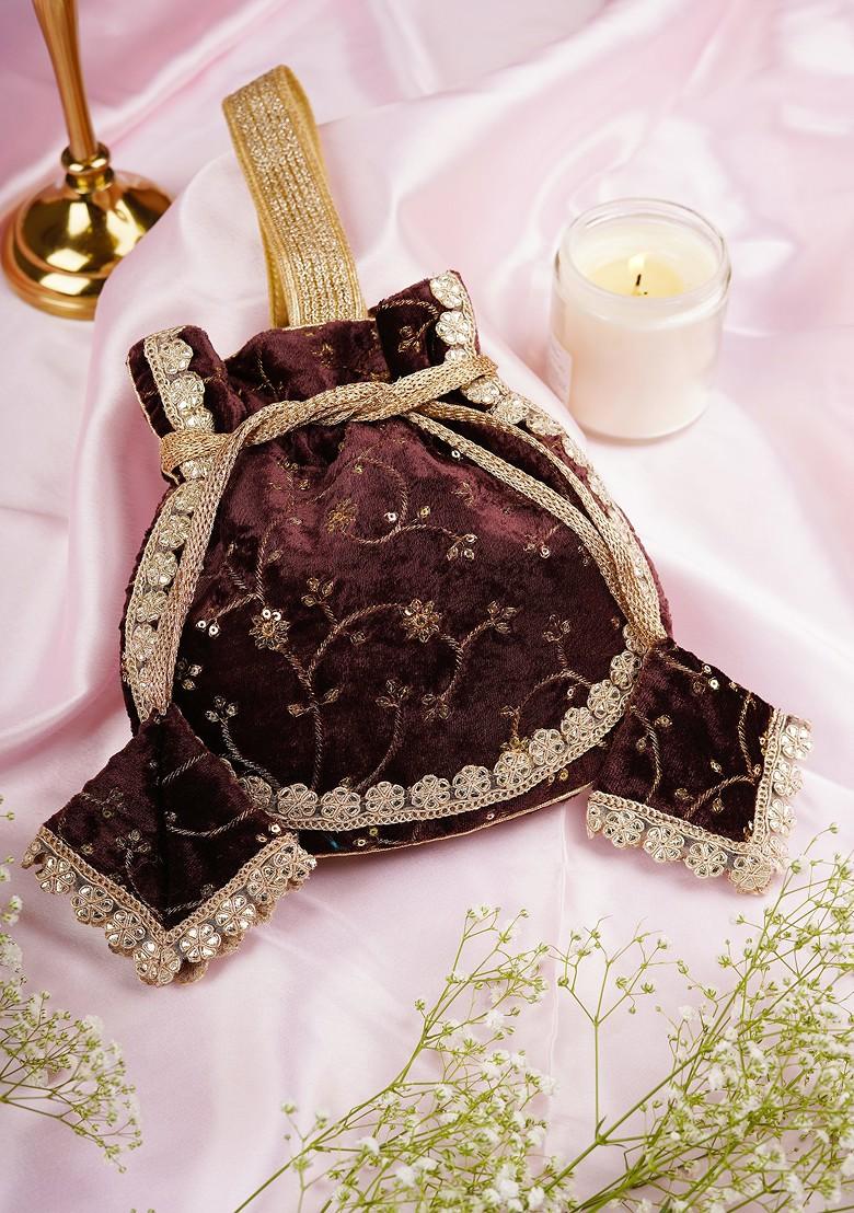 Brown Velvet Embroidered Potli Bag