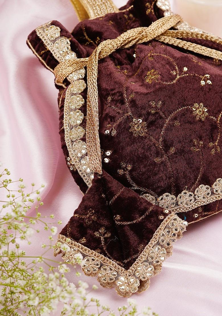 Brown Velvet Embroidered Potli Bag