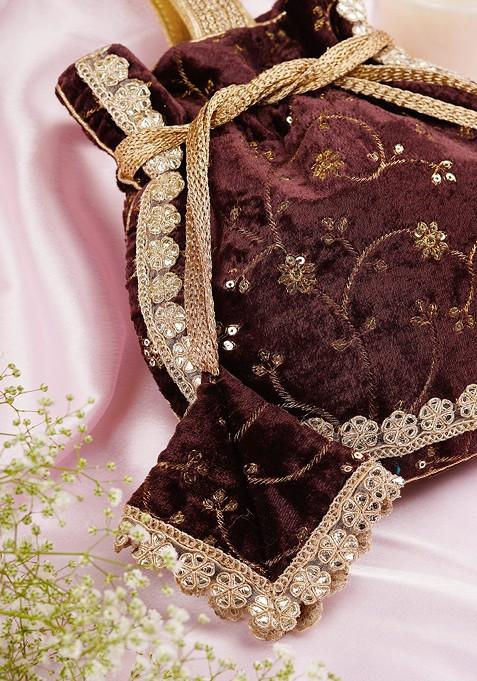 Brown Velvet Embroidered Potli Bag
