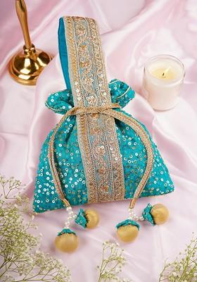 Teal Organza With Sequin Embellished Potli Bag