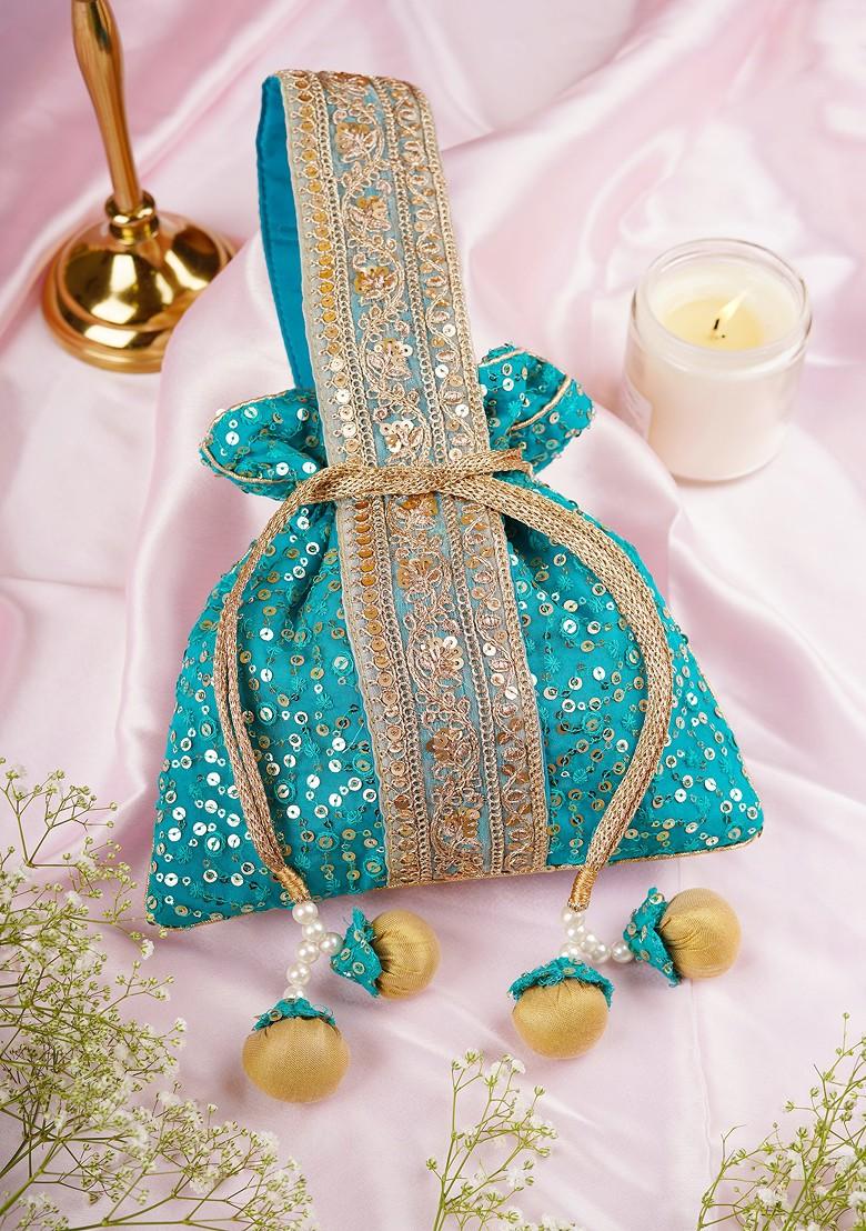 Teal Organza With Sequin Embellished Potli Bag