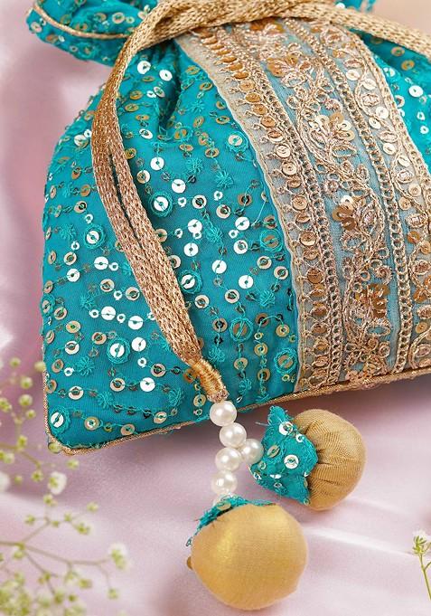 Teal Organza With Sequin Embellished Potli Bag