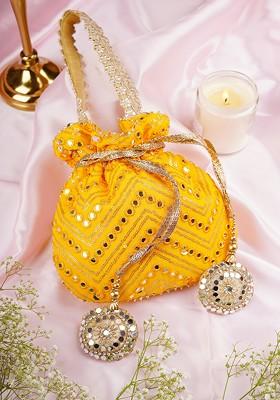 Yellow Georgette Mirror Work Potli Bag