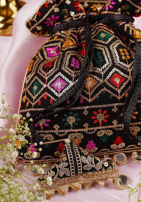 Black Georgette Embroidered Potli Bag