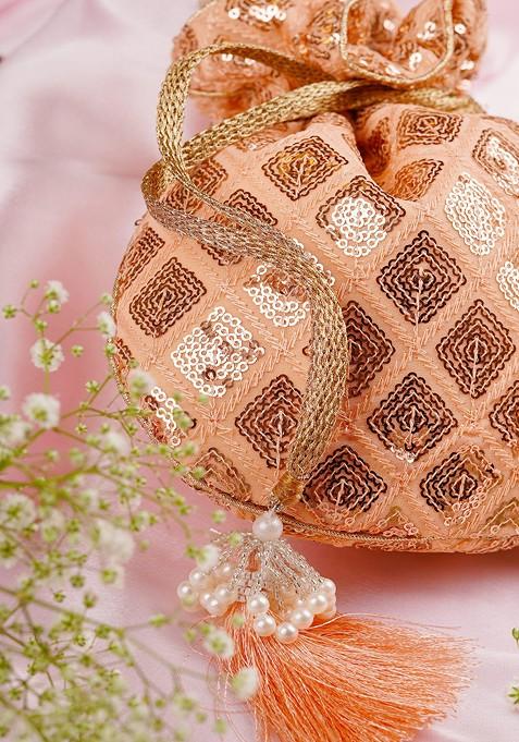 Peach Georgette Sequin Embellished Potli Bag