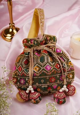 Mehendi Green Georgette Embroidered Potli Bag