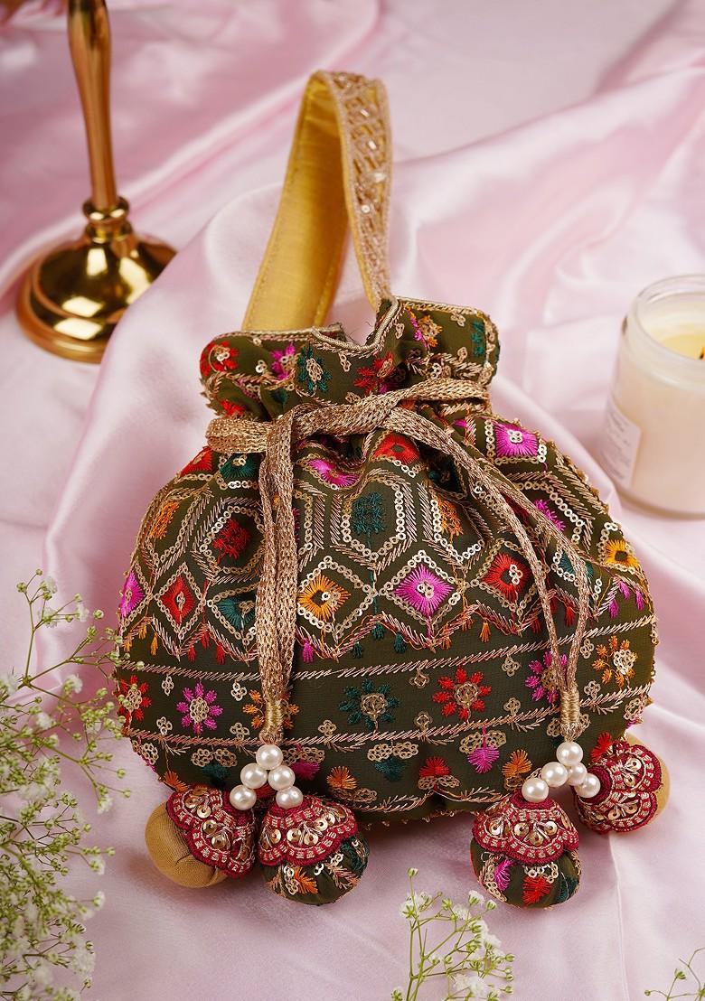 Mehendi Green Georgette Embroidered Potli Bag