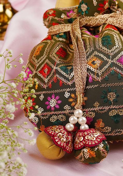 Mehendi Green Georgette Embroidered Potli Bag