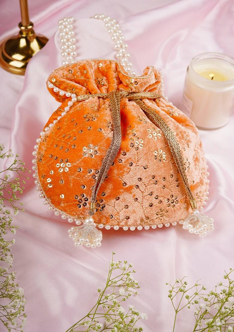Peach Velvet Embroidered Potli Bag