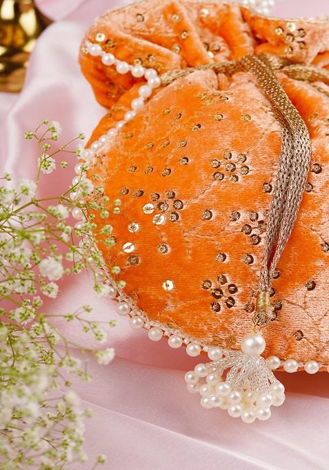 Peach Velvet Embroidered Potli Bag