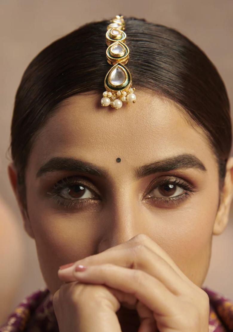 Gold Plated Cubic Zircon American Diamond Maang Tikka - Indya