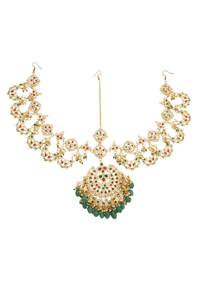 Green And White Kundan Meenakari Work Mathapatti - Indya