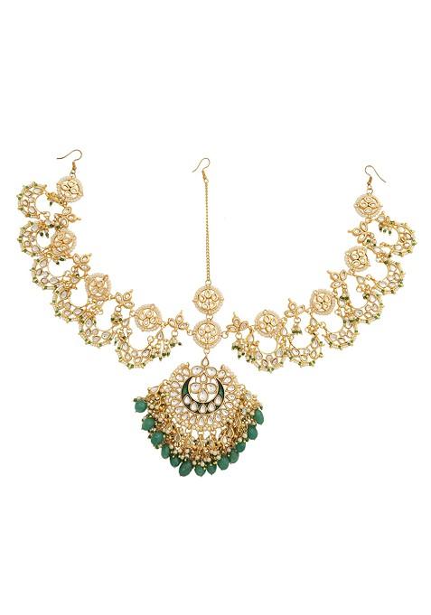 Green And White Kundan Meenakari Work Mathapatti