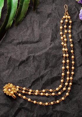 Gold Plated Off White Ad Studded And Beaded Nose Ring With Chain