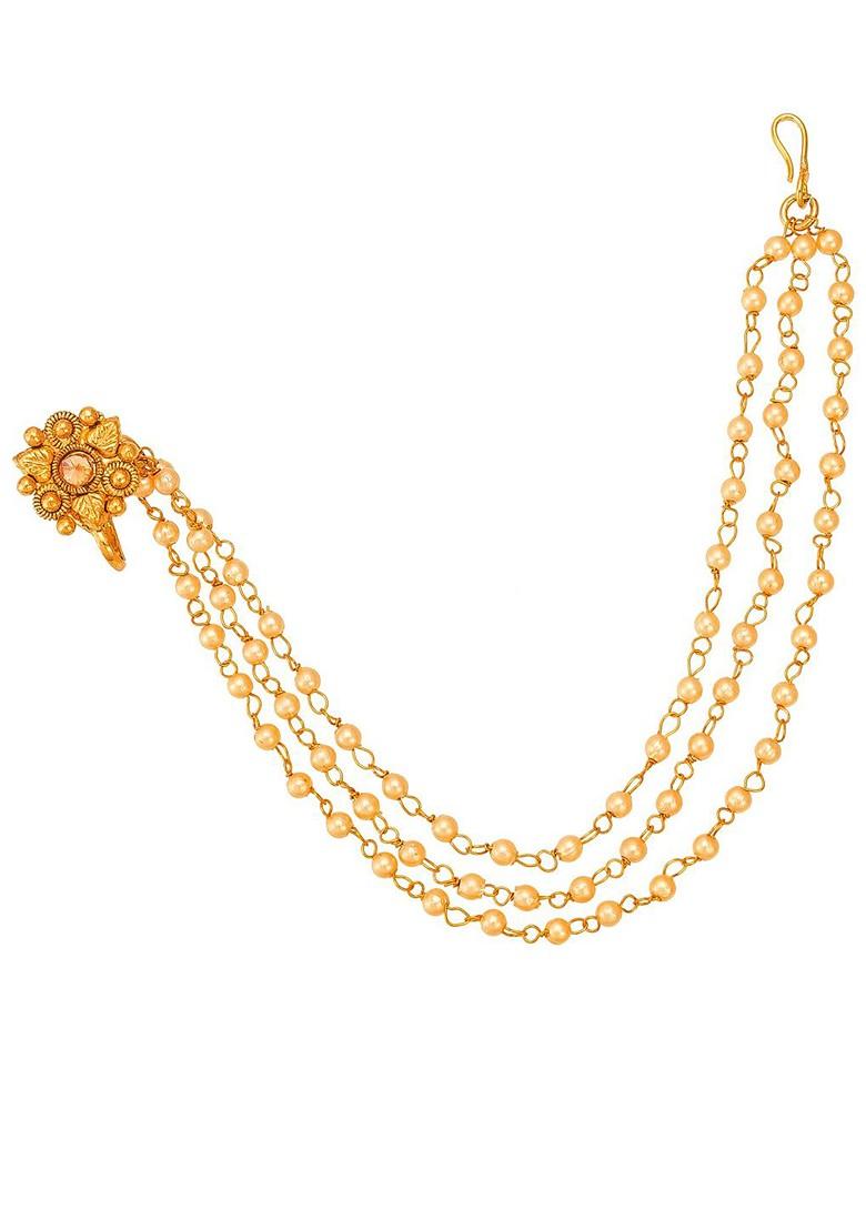 Gold Plated Off White Ad Studded And Beaded Nose Ring With Chain
