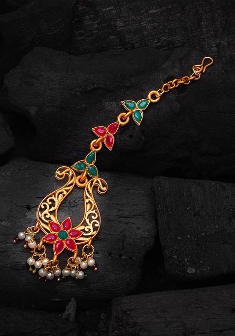 Gold Plated Pink And Green Stone Studded And White Beaded Handcrafted Jewellery Set