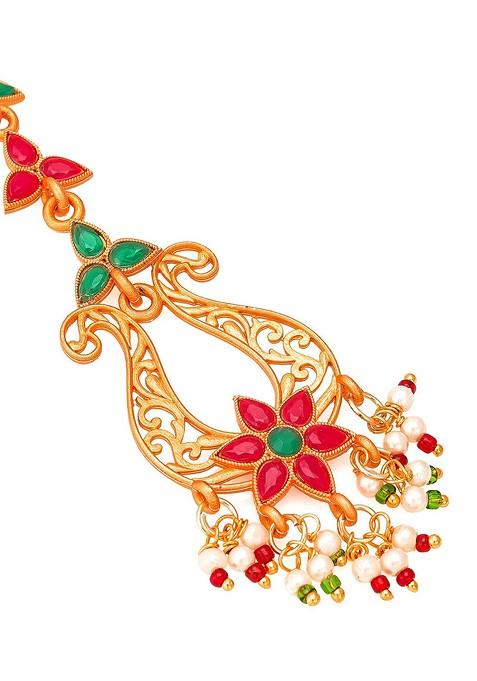 Gold Plated Pink And Green Stone Studded And White Beaded Handcrafted Jewellery Set