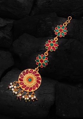 Gold Plated Red And Green Ruby Studded Pearl Embellished Handcrafted Maang Tikka
