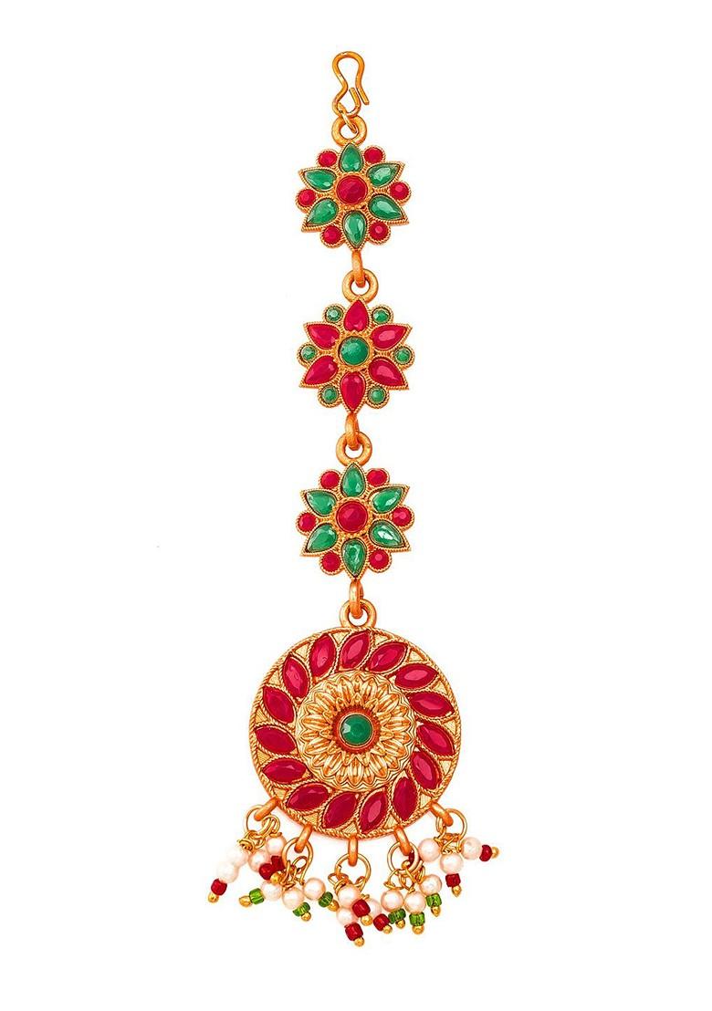 Gold Plated Red And Green Ruby Studded Pearl Embellished Handcrafted Maang Tikka