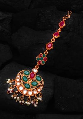 Gold Plated Pink And Green Stone Studded White Beaded Handcrafted Maang Tikka