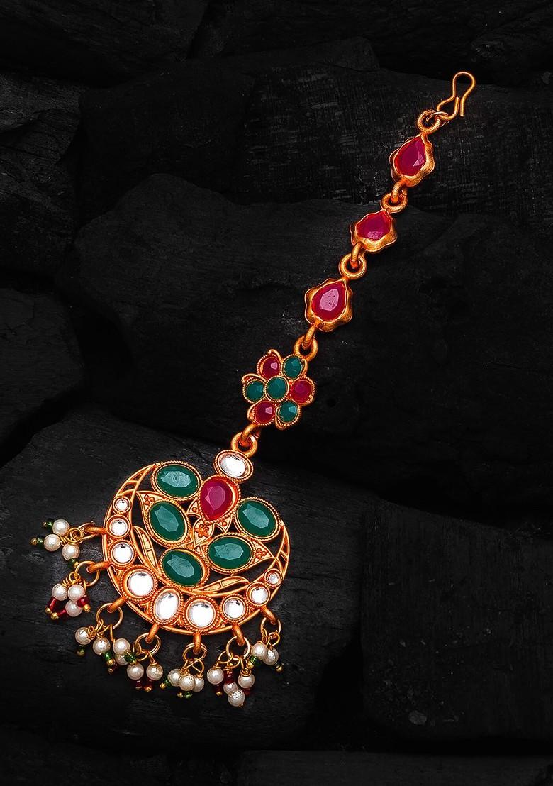 Gold Plated Pink And Green Stone Studded White Beaded Handcrafted Maang Tikka
