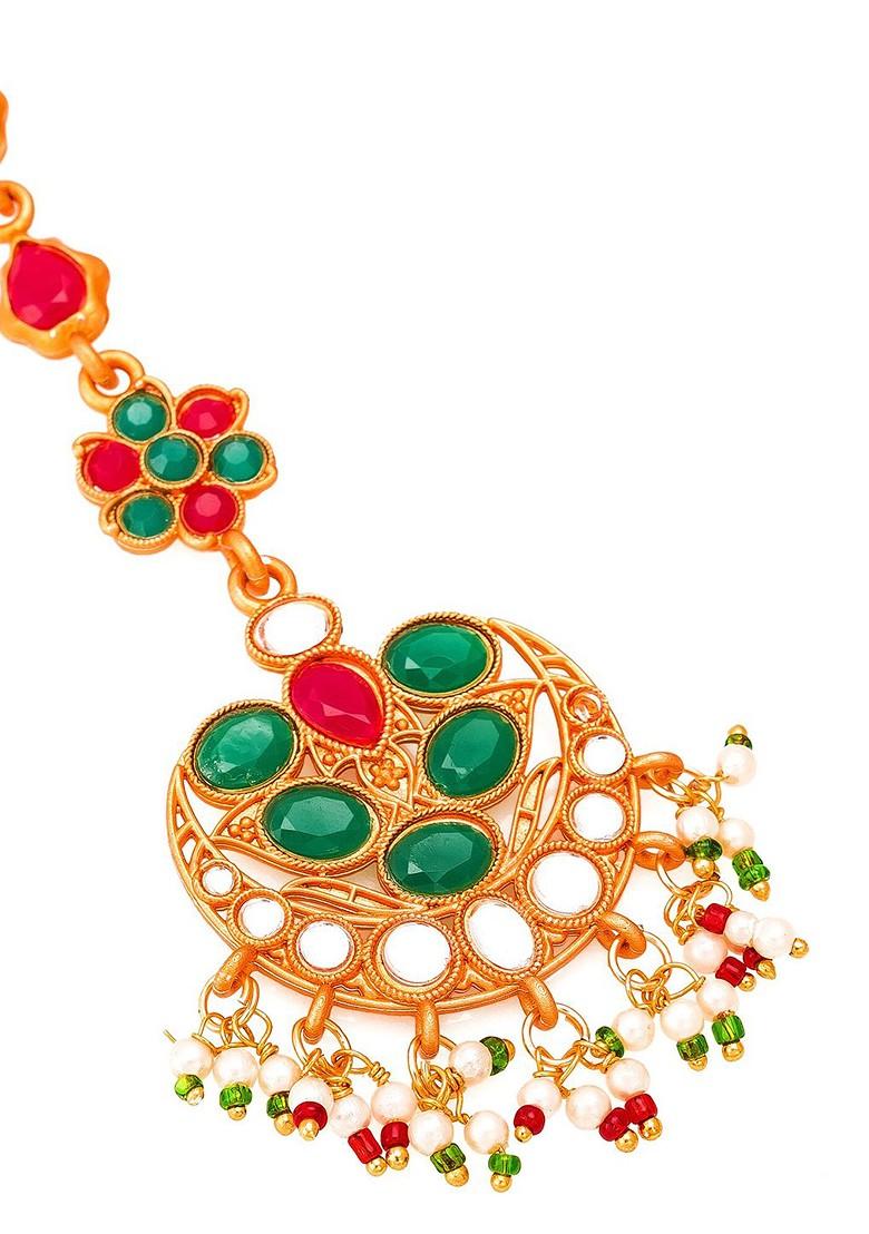 Gold Plated Pink And Green Stone Studded White Beaded Handcrafted Maang Tikka