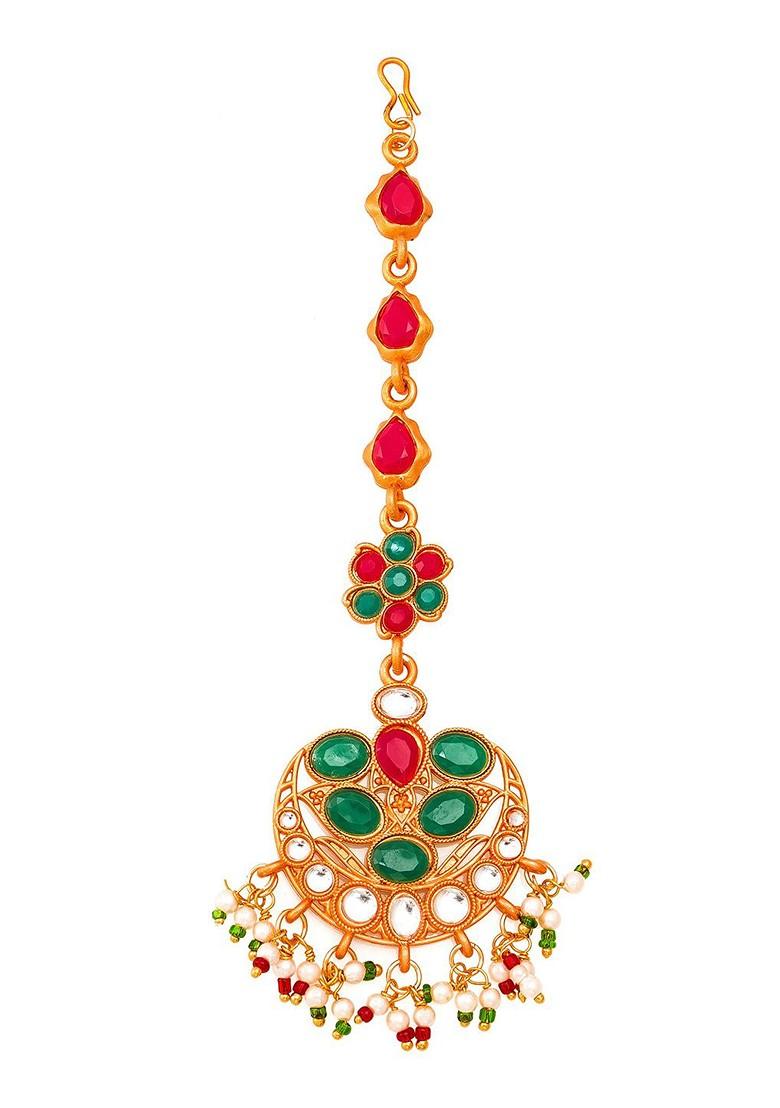 Gold Plated Pink And Green Stone Studded White Beaded Handcrafted Maang Tikka