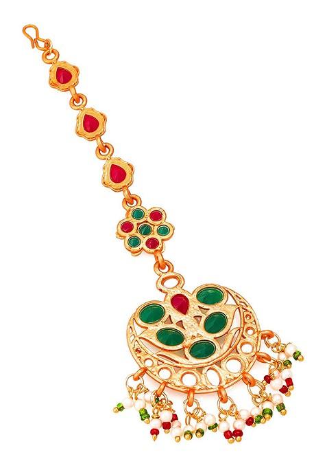 Gold Plated Pink And Green Stone Studded White Beaded Handcrafted Maang Tikka