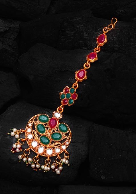 Gold Plated Pink And Green Stone Studded White Beaded Handcrafted Maang Tikka