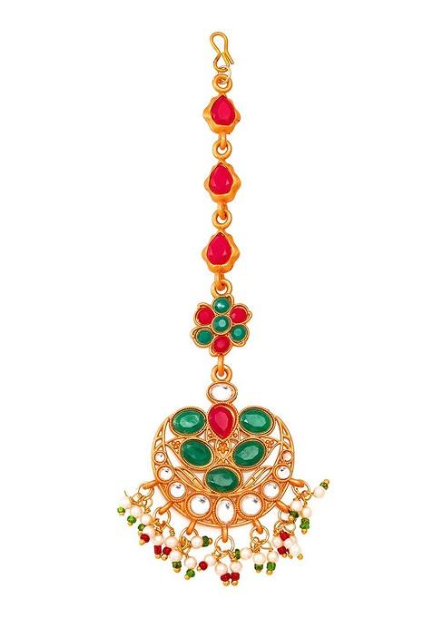 Gold Plated Pink And Green Stone Studded White Beaded Handcrafted Maang Tikka