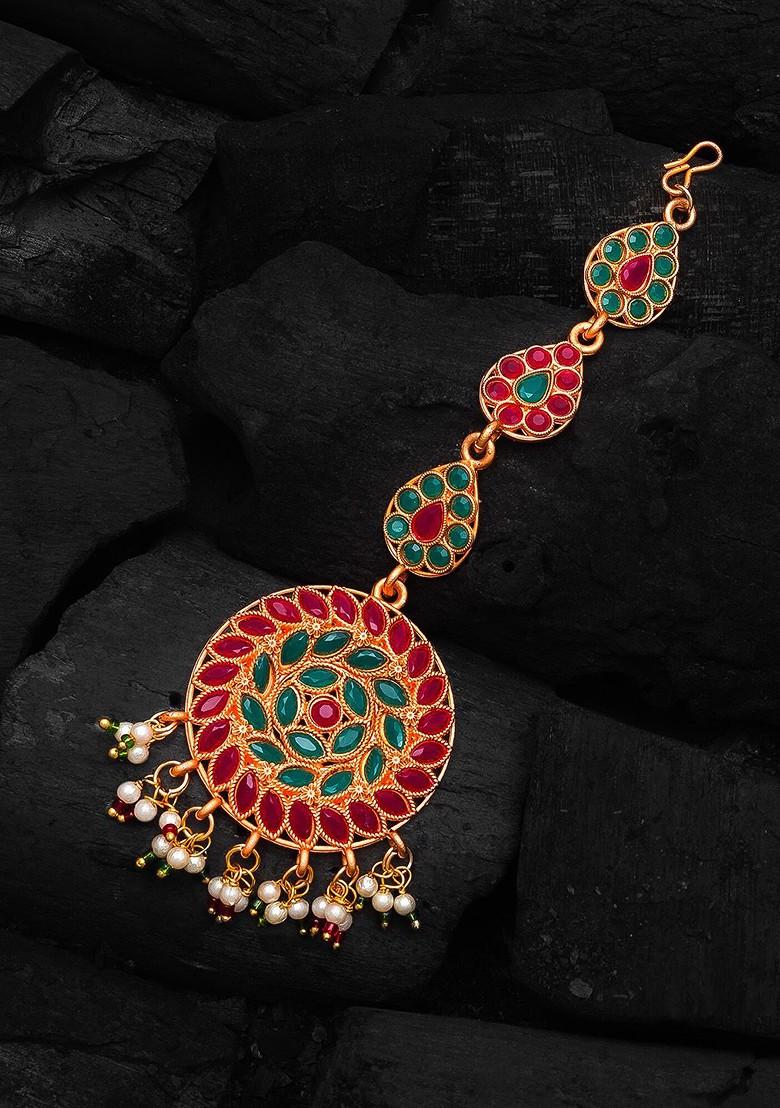 Gold Plated Pink And Green Stone Studded And White Beaded Handcrafted Maang Tikka