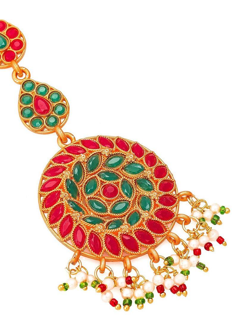 Gold Plated Pink And Green Stone Studded And White Beaded Handcrafted Maang Tikka