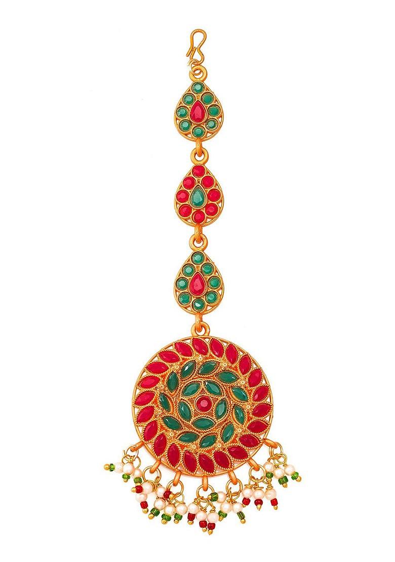 Gold Plated Pink And Green Stone Studded And White Beaded Handcrafted Maang Tikka