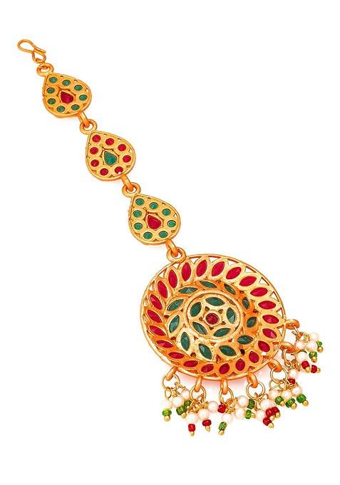Gold Plated Pink And Green Stone Studded And White Beaded Handcrafted Maang Tikka