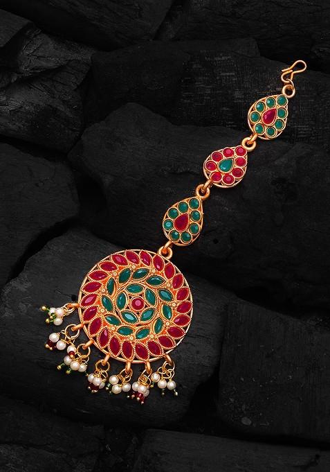 Gold Plated Pink And Green Stone Studded And White Beaded Handcrafted Maang Tikka