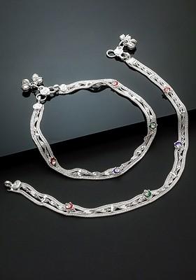 Silver Set Of 2 Oxidised Silver Plated Red And Blue Beaded Handcrafted Anklets